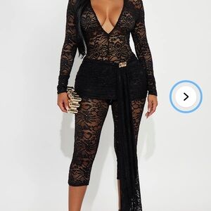Fashion Nova Black Lace Capri Jumpsuit with Draped Sash